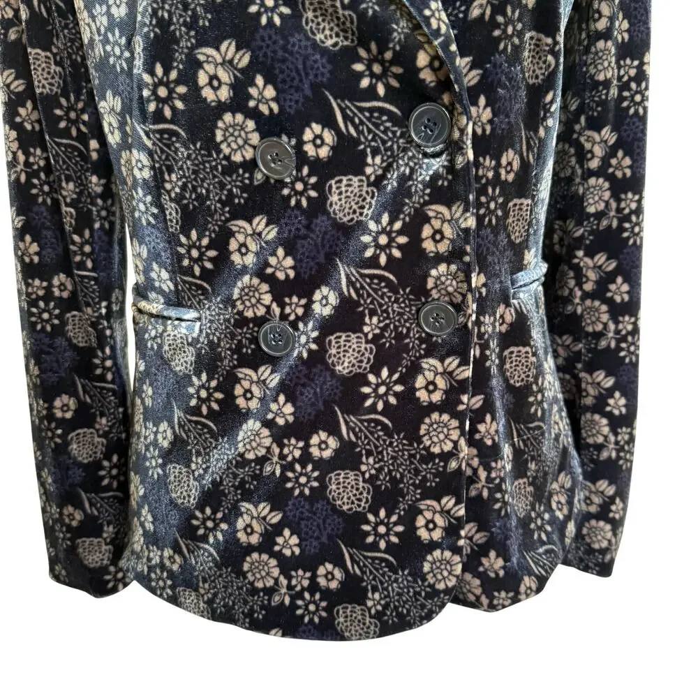 Carolina Belle Montreal Velvet Blazer XS Navy Blue Beige Floral Double Breasted
